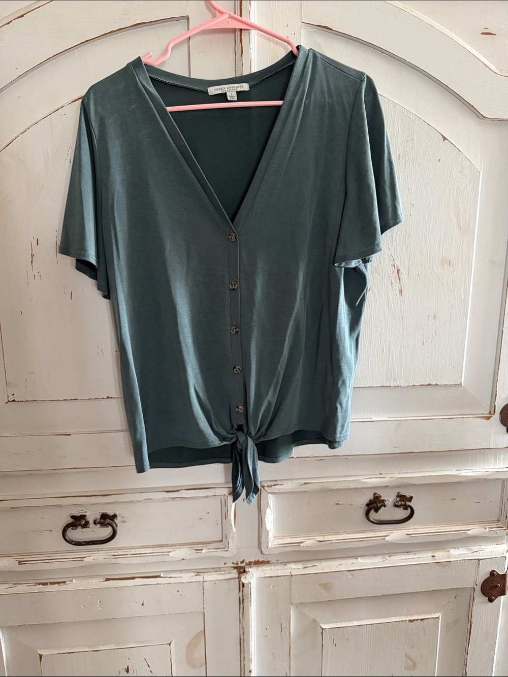 Green Envelope Slate Teal V-Neck Button Tie-Front Top